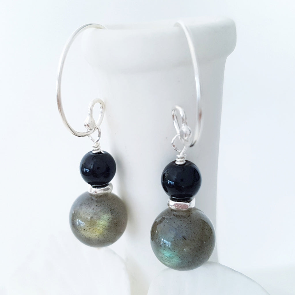 Adore Gems Collection - Sterling Silver Earrings Black Obsidian Labradorite