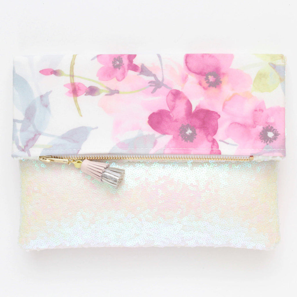 Floral Watercolor Unique Leather Accents Clutch