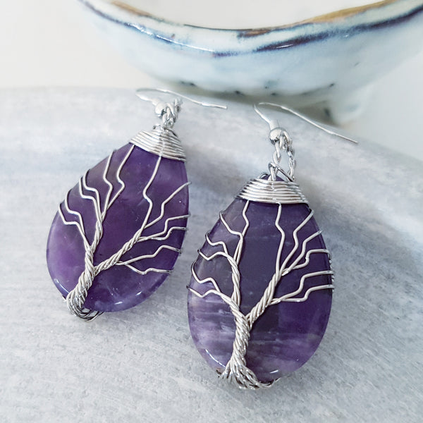 Tree of Life Collection - Amethyst Tree of Life (Silver) Earrings