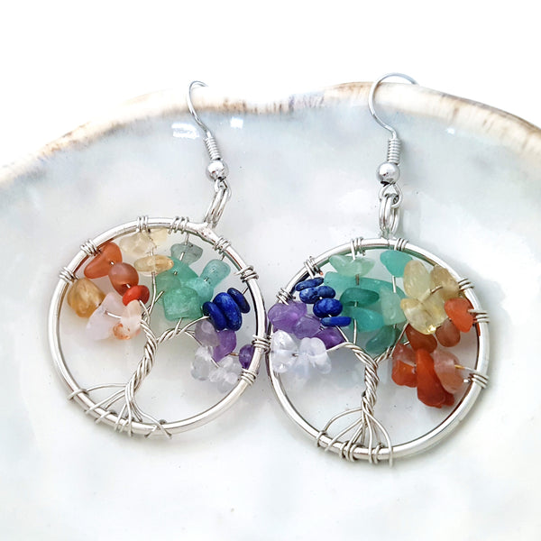 Tree of Life Collection - Seven Chakras Tree of Life Round Earrings (Silver)