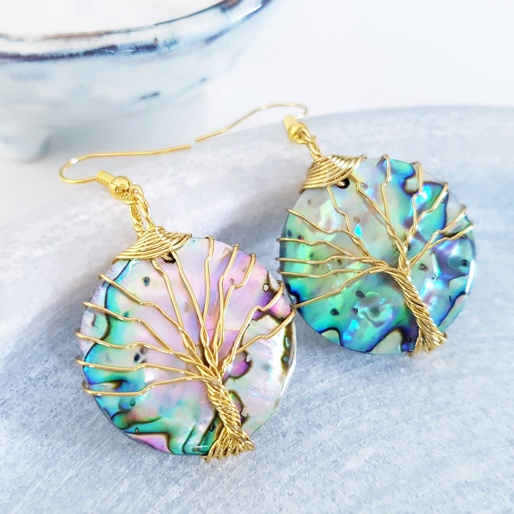 Tree of Life Collection - Abalone Shell Tree of Life Round Earrings (Gold)
