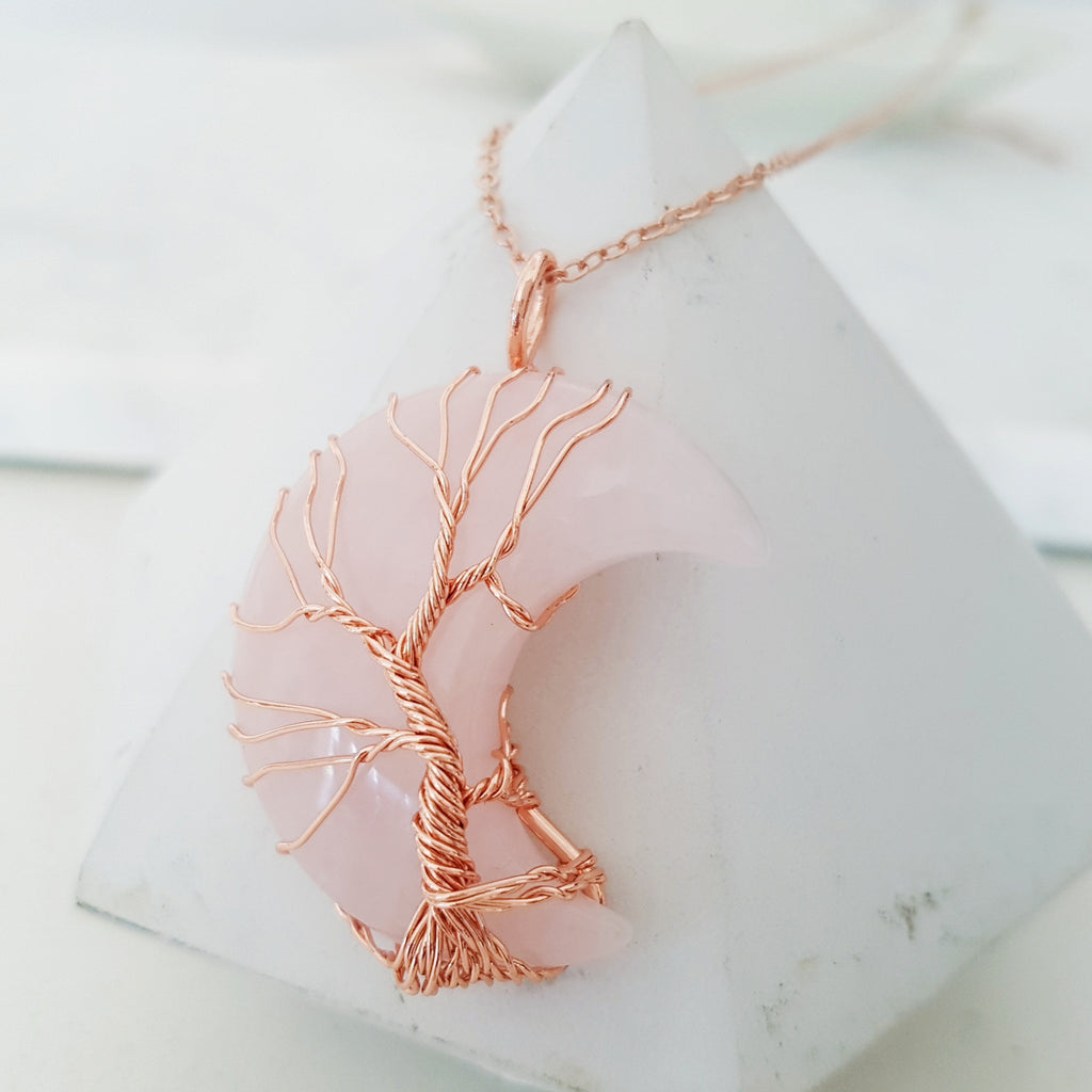 Tree of Life Collection - Rose Quartz Crescent Moon Tree of Life Necklace
