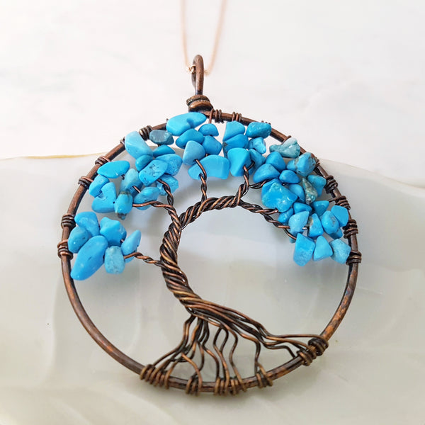 Tree of Life Collection - Turquoise Howlite Tree of Life Round Necklace (Copper Tone)