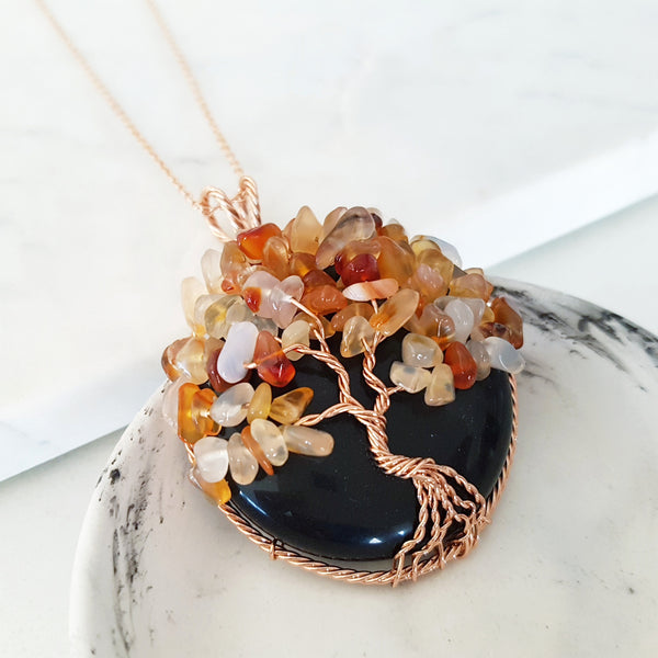 Tree of Life Collection - Round Black Obsidian Orange Carnelian Tree of Life Necklace