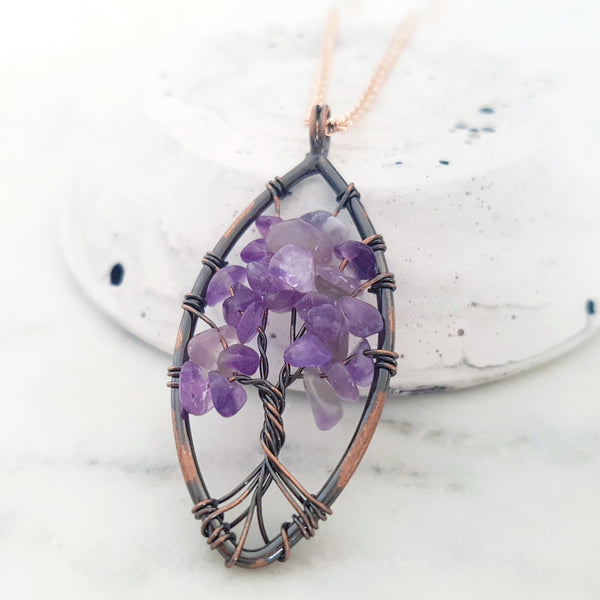 Tree of Life Collection - Amethyst Tree of Life Oval Necklace (Copper)