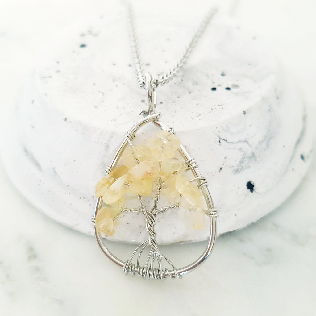 Tree of Life Collection - Citrine Tree of Life Triangular Necklace (Silver)