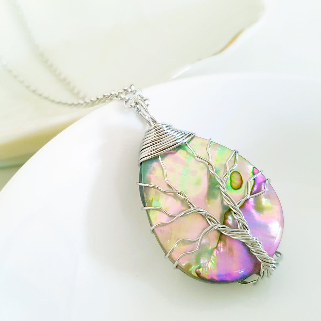 Tree of Life Collection - Teardrop Abalone Shell Tree of Life Necklace (Silver) Necklace