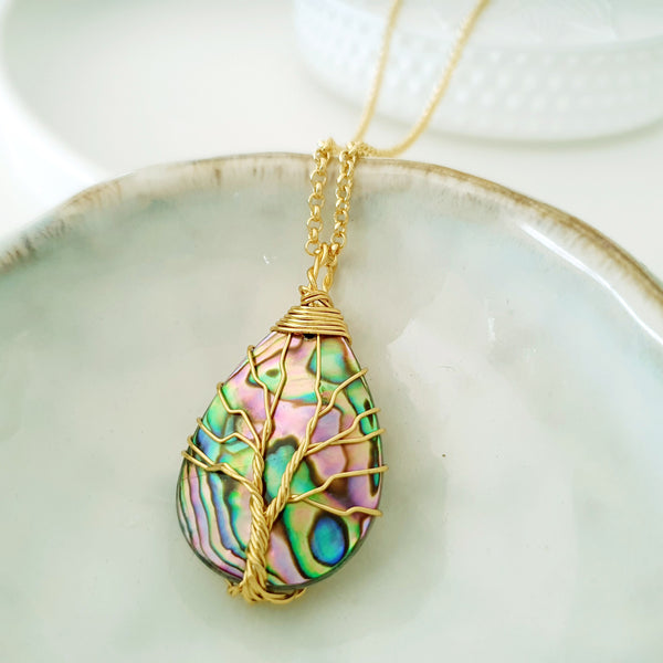 Tree of Life Collection - Abalone Tree of Life Teardrop Necklace (Gold)