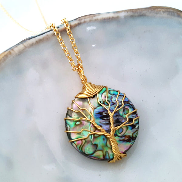 Tree of Life Collection - Round Abalone Shell Tree of Life Necklace (Gold)