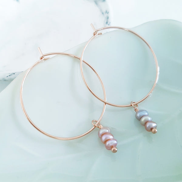 Glamorous Pearls Collection Earrings - Pink Freshwater Pearls Rose Gold Ring Earrings