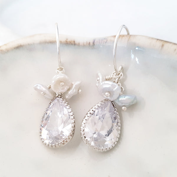Glamorous Pearls Collection Earrings - Trio Floral Pearl Zirconia Earrings