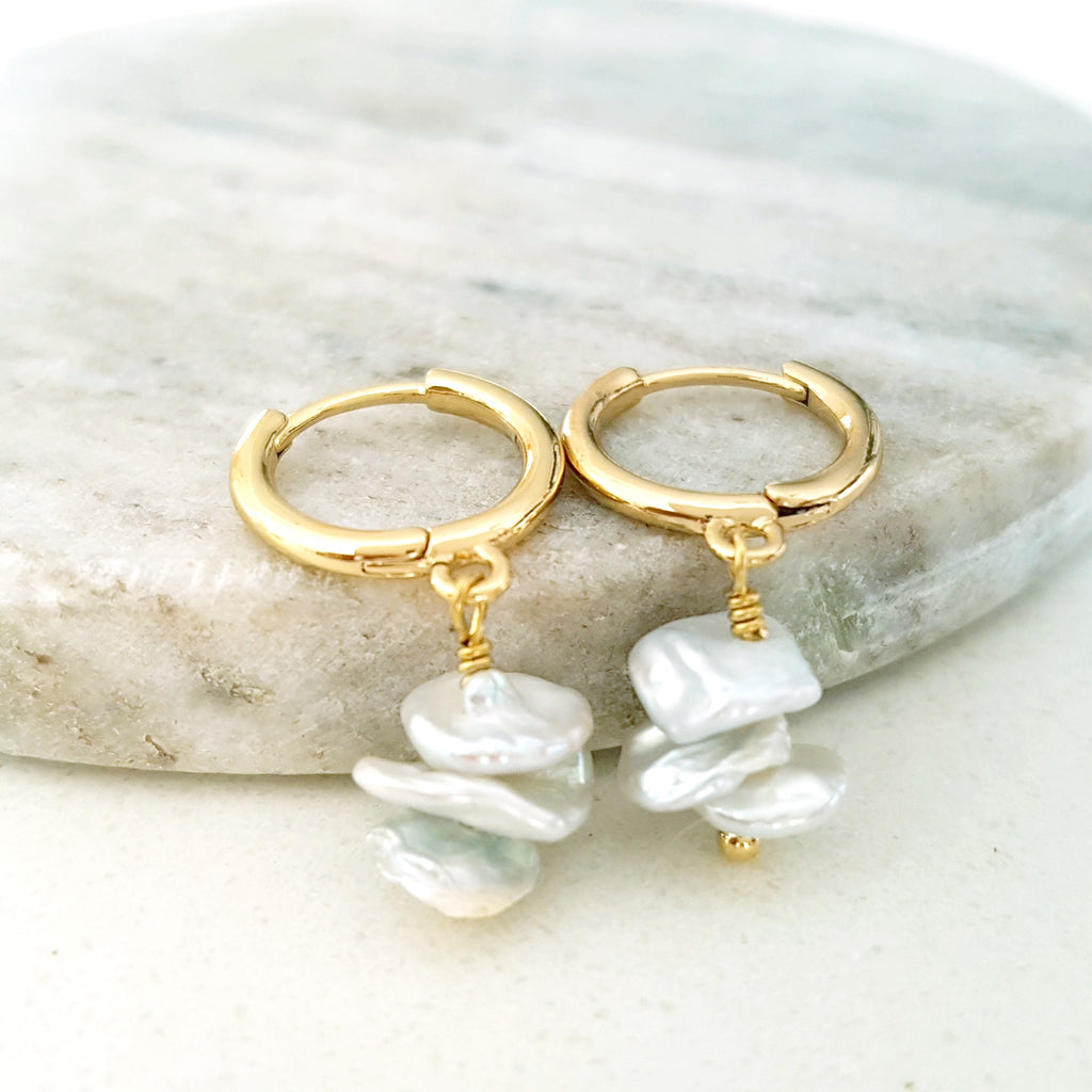 Glamorous Pearls Collection Earrings - Trilogy Irregular White Nuggets Freshwater Pearls Earrings