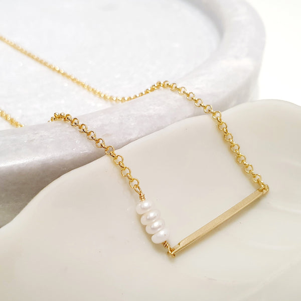 Glamorous Pearls Collection Necklace - Side Pearl Strand Horizontal Gold Bar Necklace