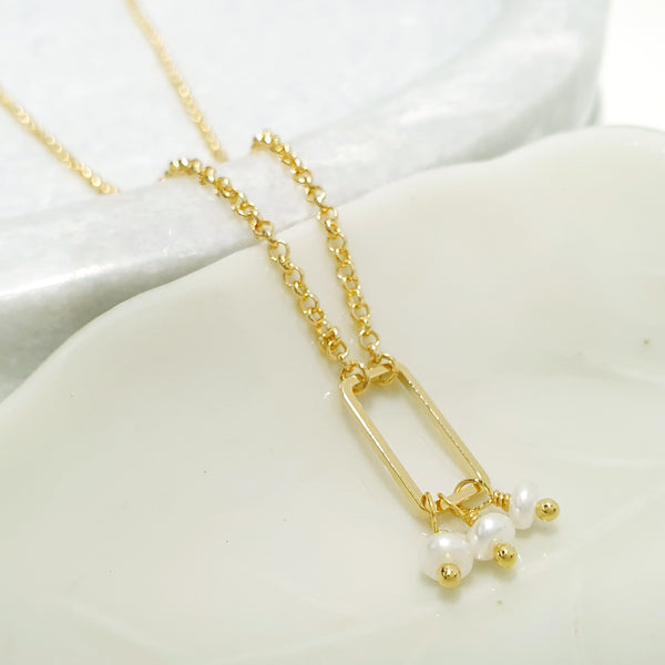 Glamorous Pearls Collection Necklace - Triplets Pearls in Gold Rectangle Necklace