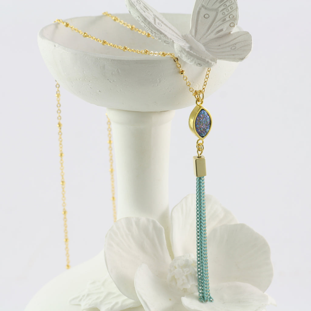 Adore Gemstone Collection - Blue Druzy Tassel Necklace