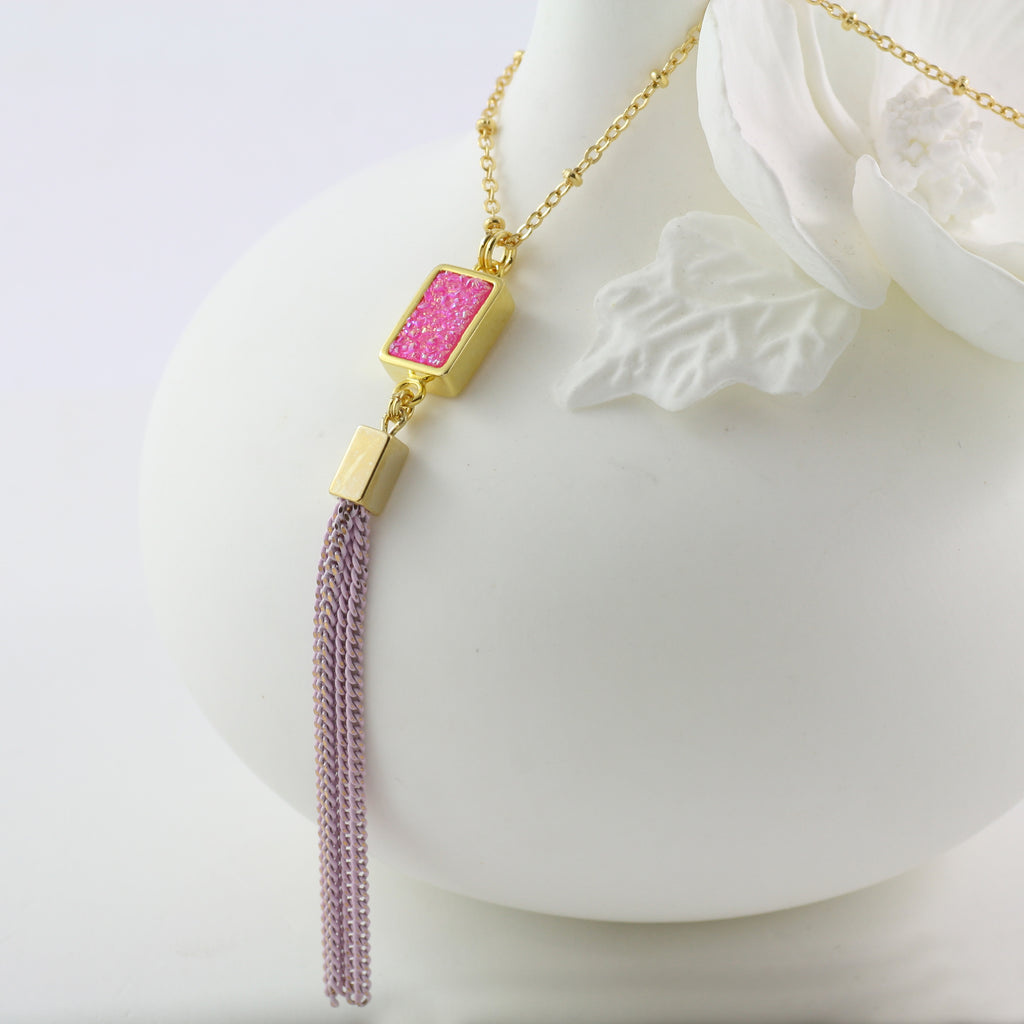 Adore Gemstone Collection - Pink Druzy Tassel Necklace
