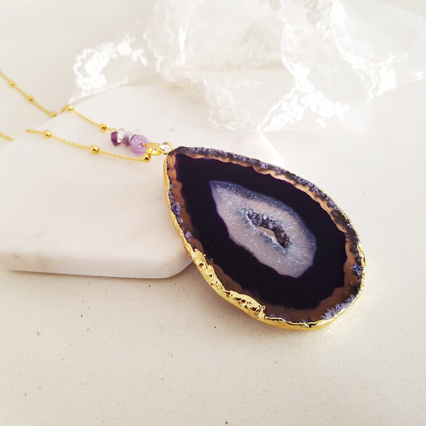 Adore Gemstone Collection - Agate Slice Purple Necklace