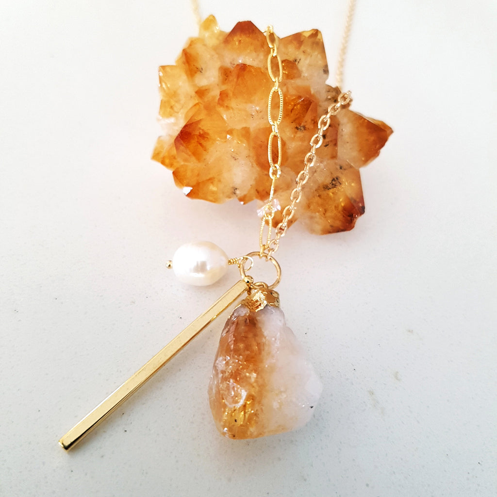 Adore Gemstone Collection - Citrine Pearl Gold Bar Necklace