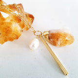Adore Gemstone Collection - Citrine Pearl Gold Bar Necklace