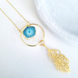 Adore Gemstone Collection - Blue Agate Slice Peacock Feather Necklace