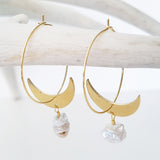 Helios Brass Collection - Irregular Pearls Crescent Loop Earrings