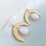 Helios Brass Collection - Freshwater Pearl Crescent Moon Earrings