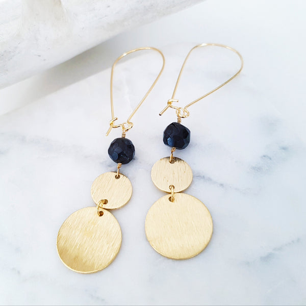 Helios Brass Collection - Faceted Black Pearl Round Discs Earrings
