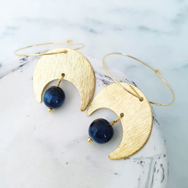 Helios Brass Collection - Blue Tiger Eye Crescent Moon Loop Earrings