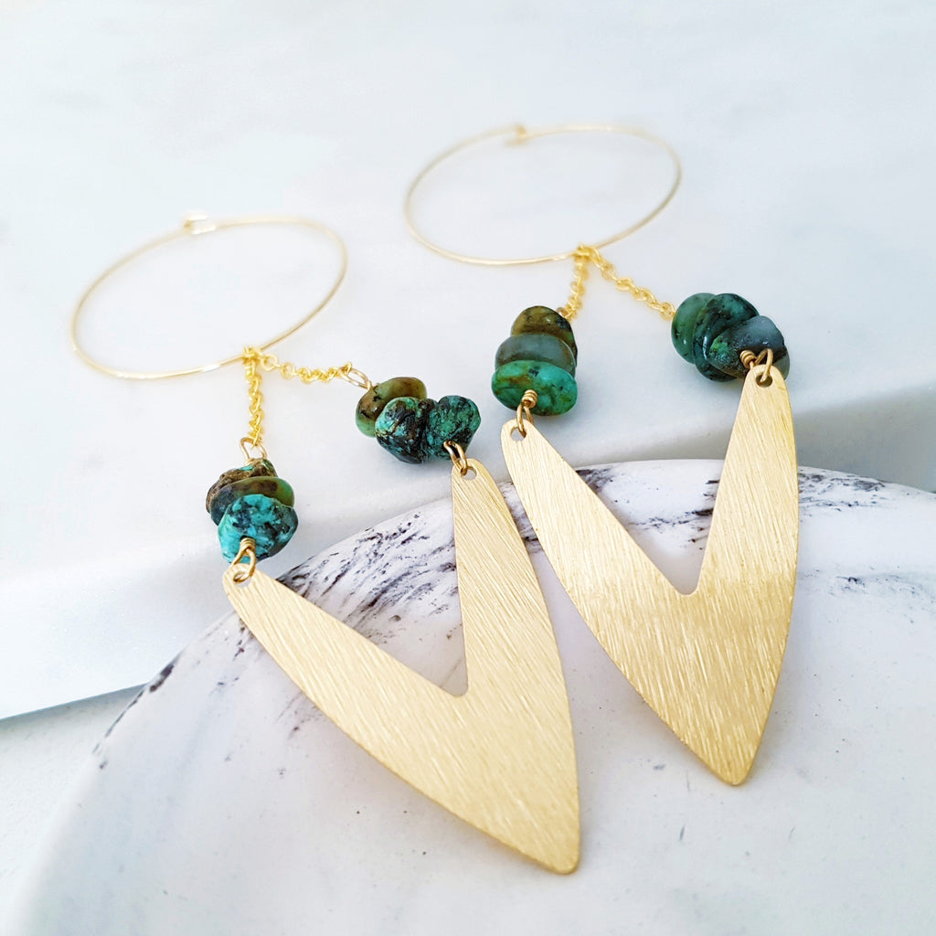 Helios Brass Collection - Turquoise Gold V Chain Loop Earrings