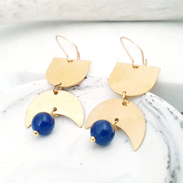 Helios Brass Collection - Blue Dumortierite Gold Arch Crescent Earrings