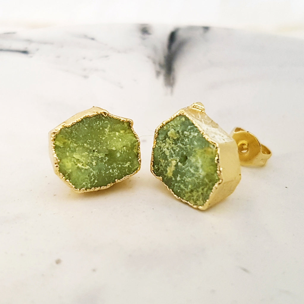 Adore Gemstone Earrings Collection - RAW - Olive Green Jade Ear Studs