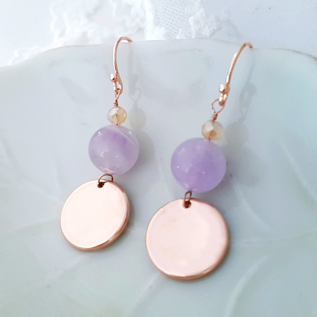 Adore Gemstone Earrings Collection - Lavender Quartz Rose Gold Disc Earrings