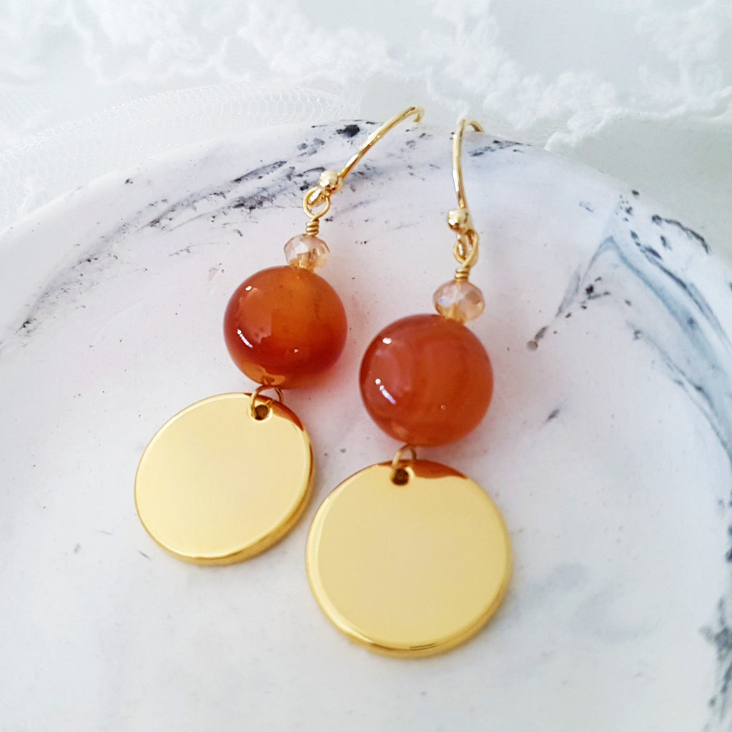 Adore Gemstone Earrings Collection - Orange Carnelian Gold Disc Earrings