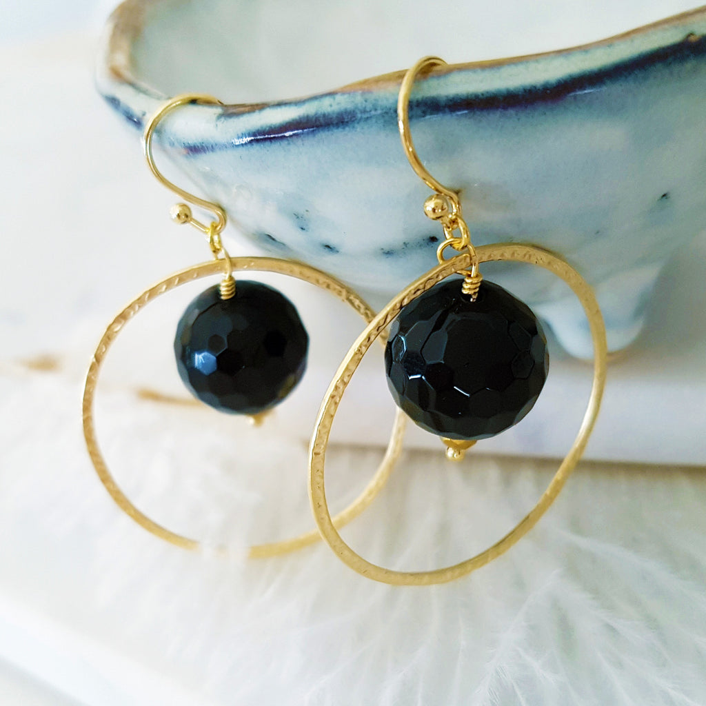 Adore Gemstone Earrings Collection - Faceted Black Agate Gold Ring Earrings