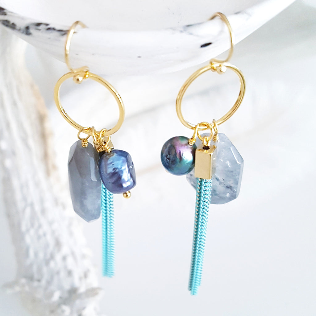 Adore Gemstone Earrings Collection - Rainbow Pearl Black Quartz Tassel Earrings