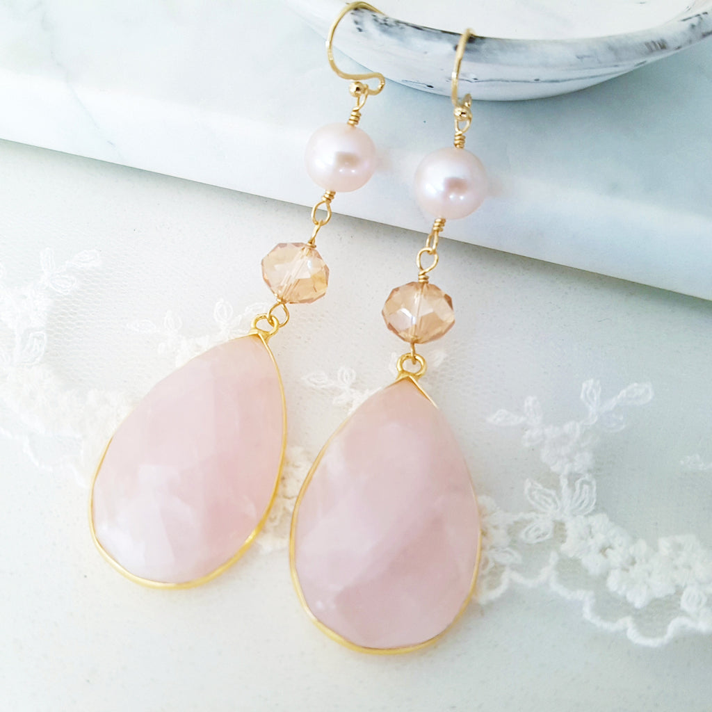 Adore Gemstone Earrings Collection - Rose Quartz Pearl Crystals Earrings