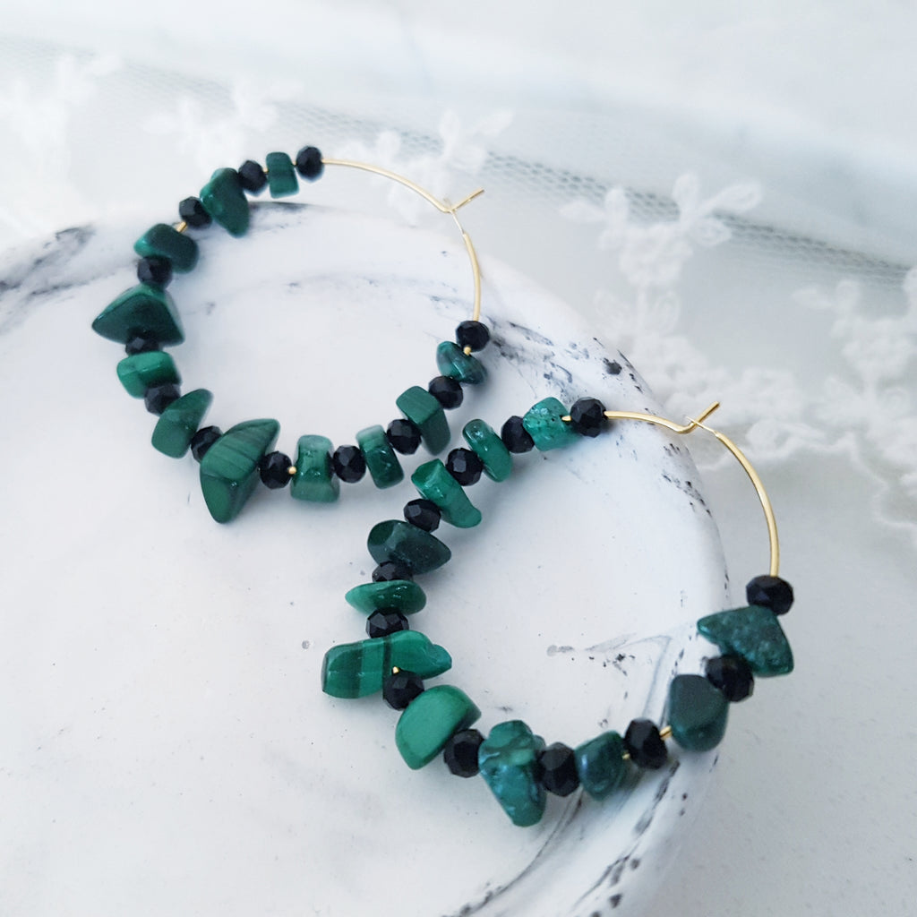 Adore Gemstone Earrings Collection - Green Malachite Loop Earrings