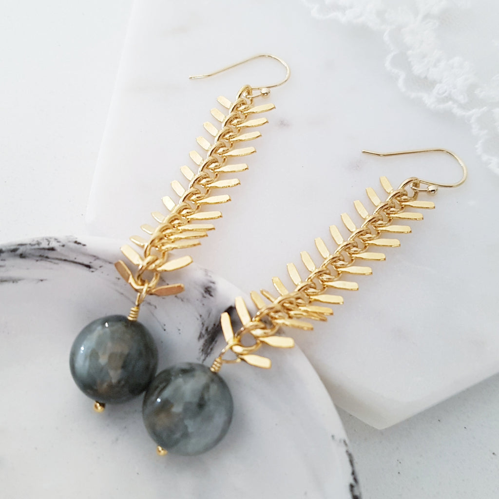 Adore Gemstone Earrings Collection - Grey Eagle Eye Fishbone Hanging Earrings