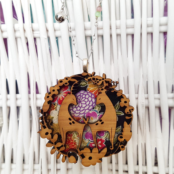 Fabric-Layered Wood Necklace - Love Deers