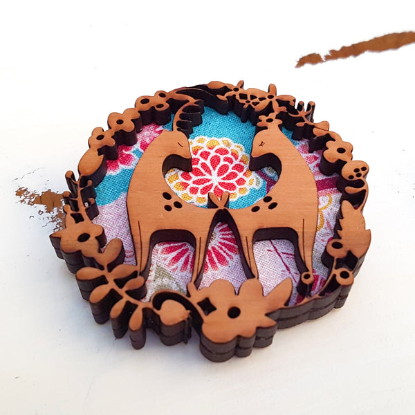 Fabric-Layered Wooden Brooch - Love Deers