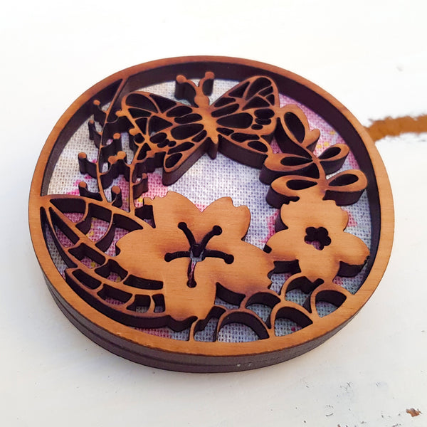 Fabric-Layered Wooden Brooch - Secret Garden