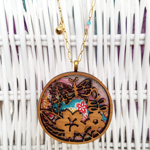 Fabric-Layered Wood Necklace - Secret Garden