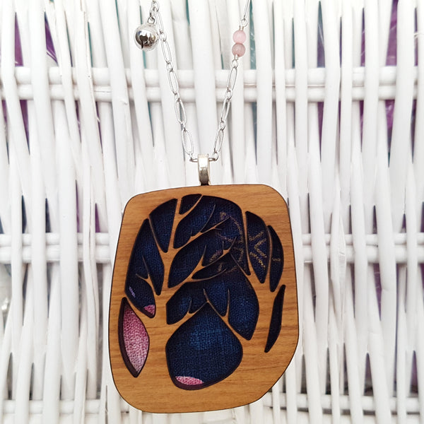 Fabric-Layered Wood Necklace - Winter Fallen
