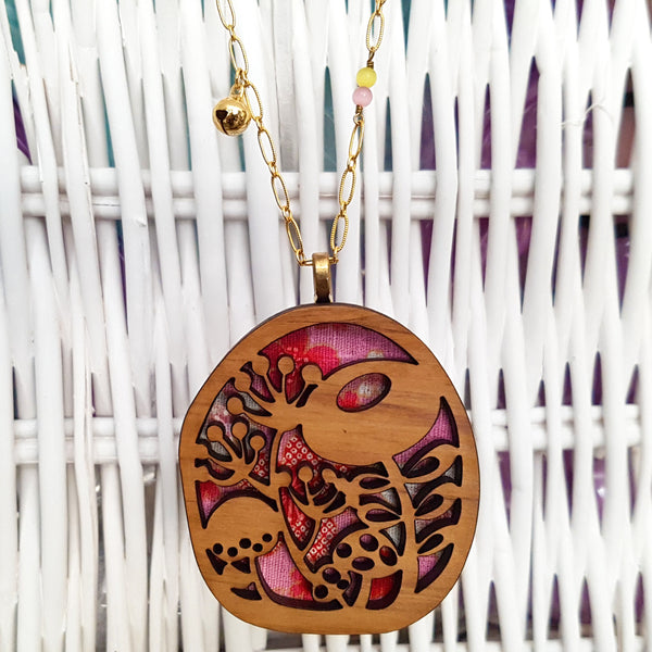 Fabric-Layered Wood Necklace - Sprouting Mushrooms
