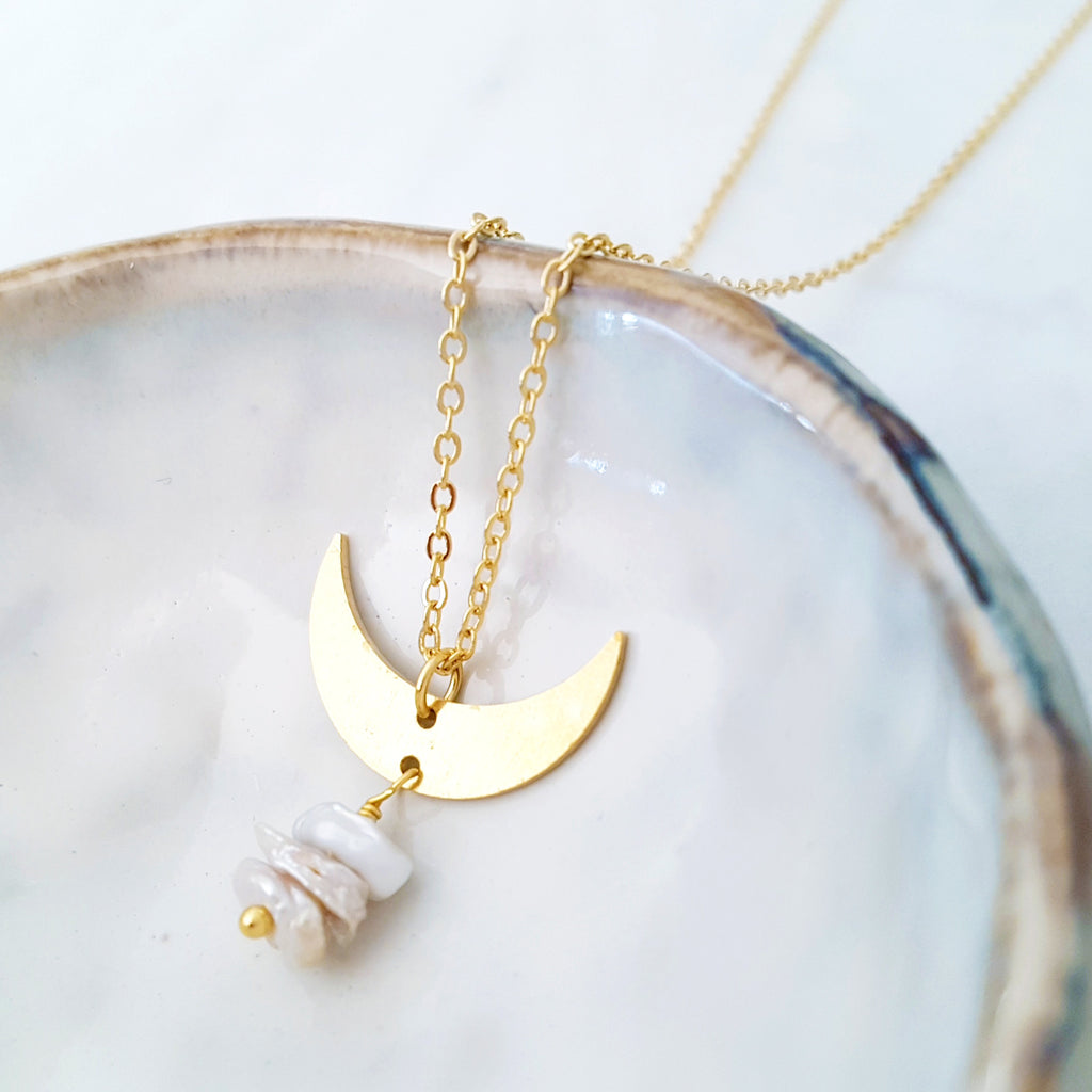 Helios Brass Collection - Irregular Pearls Gold Crescent Necklace