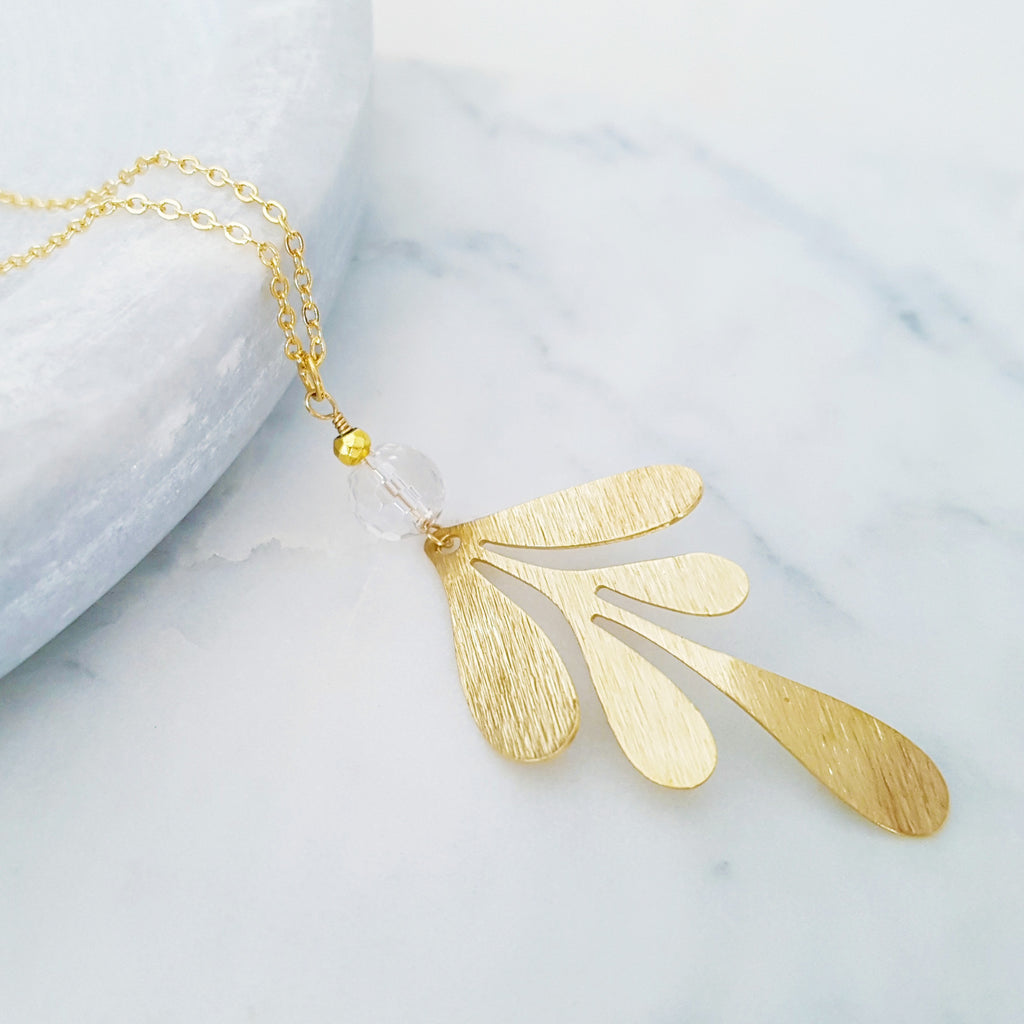 Helios Brass Collection - Gold Curvy Leaf Quartz Necklace