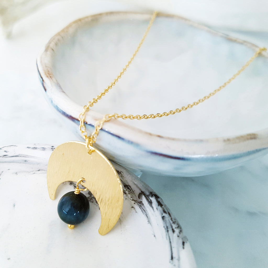 Helios Brass Collection - Blue Tiger Eye Gold Crescent Moon Necklace