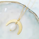Helios Brass Collection - Freshwater Pearl Gold Crescent Moon Necklace