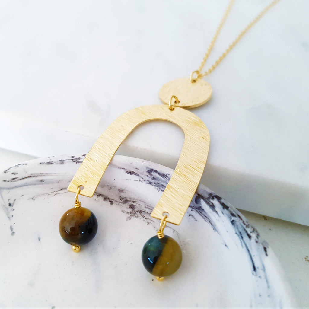 Helios Brass Collection - Black Gold Tiger Eye Gold Open Arch Disc Necklace