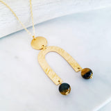 Helios Brass Collection - Black Gold Tiger Eye Gold Open Arch Disc Necklace